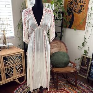 En Creme Ivory Floral Embroidered Empire Waist Boho Hippie Peasant Dress